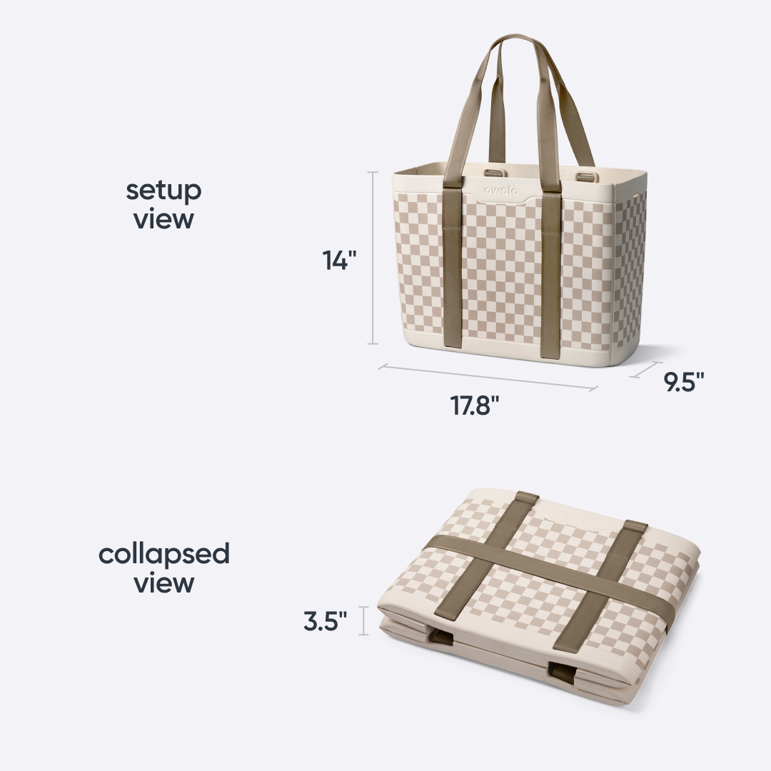 Animation of an Owala Sun-Day Collapsible Tote being folded and compressed for storage
