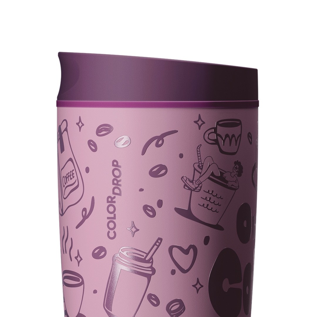 Owala SmoothSip Slider 20oz close-up, mauve purple body with coffee-themed illustrations and Color Drop wordmark, dark purple lid